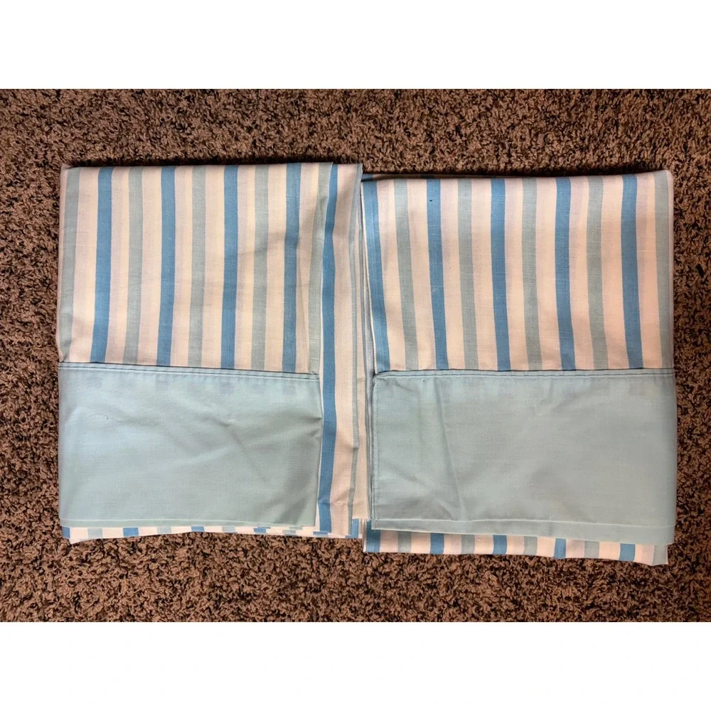 Vintage Grant's Turquoise Blue Striped Flat DOUBLE Muslin bed sheet bedsheet